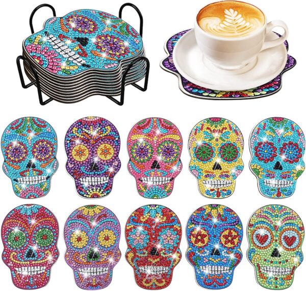 YLOLUL 10 Pcs Skull Shaped Diamond Painting Coasters Kits DIY Skull Diamond Painting Coasters with Holder Skull Diamond Painting Coasters for Beginners Adults and Kids Art Craft Supplies Gift