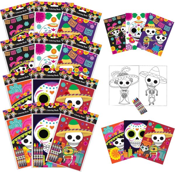 Tiny Mills Day of the Day Coloring Books for Kids with 12 Coloring Books and 48 Crayons, Halloween Party Favors, Dia de Los Muertos Favor Bag Fillers Carnival Prizes Sugar Skulls