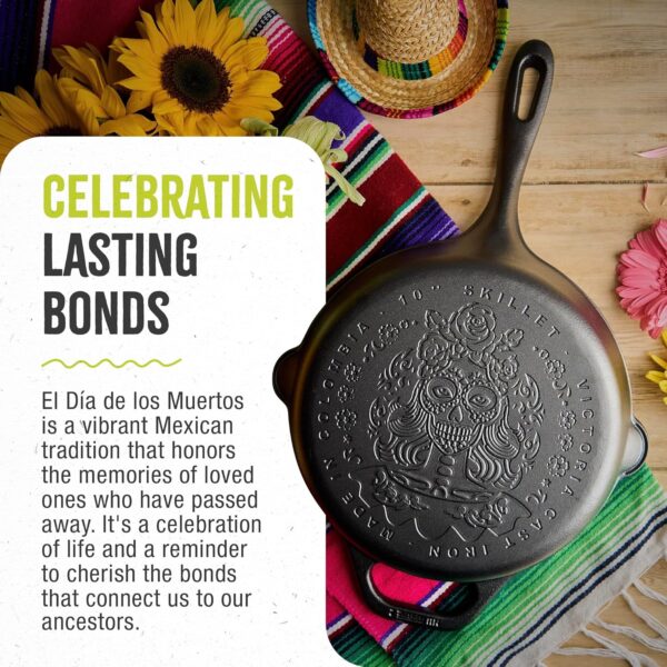 Victoria 10-Inch Day of the Dead La Catrina Cast Iron Skillet, Dia de los Muertos Seasoned Cast Iron Frying Pan with Long Handle, Made in Colombia - Image 5