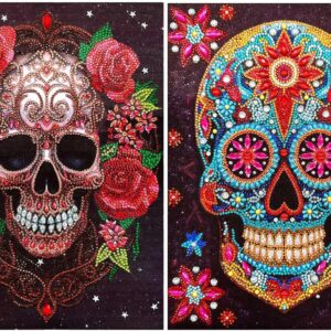 JOOZ 2Pcs Skull Diamond Painting 5D Diamond Art Skeleton Flower DIY Diamond Painting Kits for Adults Jewel Art for Adults Colorful Diamond Dotz Wall Home Decor Gifts 12x16inch