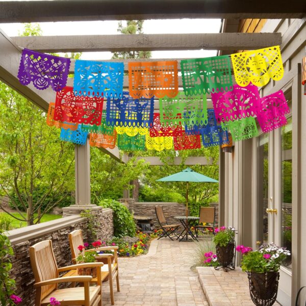 18 FT Cinco De Mayo Party Decorations, 1 Pack Fiesta Banner with 9 Plastic Papel Picado, Colorful Mexican Theme Party Flag Banner Dia De Los Muertos Day of the Dead Hanging Decor Home Party Supplies - Image 7