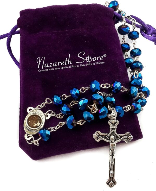 Nazareth Store Deep Blue Crystal Beads Rosary Catholic Necklace Holy Soil Medal Cross Crucifix Velvet Bag - Image 6