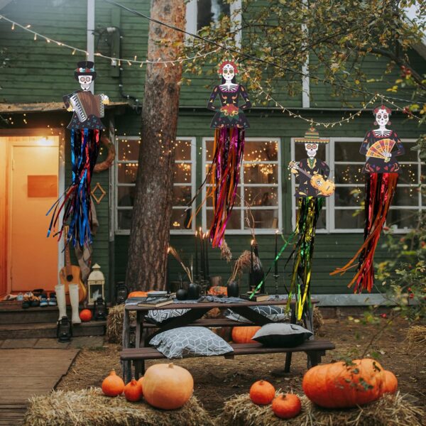 codree 4 PCS Large Day of The Dead Sugar Skull Hanging Decorations-39x8.6 Inch Dia De Los Muertos Hanging Decorations for Day of The Dead Halloween Party Home Outdoor Decor - Image 7