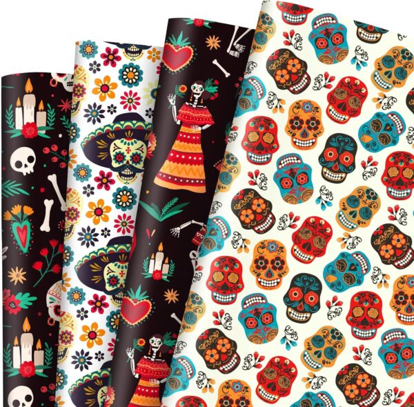 JarThenaAMCS 8 Sheet Day of the Dead Wrapping Paper - Not Roll- Mexican Skull Floral Gift Wrap Paper Folded Flat Dia De Los Muertos Art Paper for DIY Crafts, 19.7 x 27.6 Inch