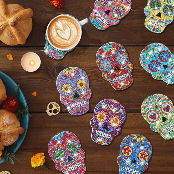 YLOLUL 10 Pcs Skull Shaped Diamond Painting Coasters Kits DIY Skull Diamond Painting Coasters with Holder Skull Diamond Painting Coasters for Beginners Adults and Kids Art Craft Supplies Gift - Image 4