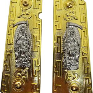 1911 Full-Size Metal Grips with Ambi Safety Cut - Santa Muerte Gold and Silver Design, Intricate Patterns, Fits 1911 Government/Commander Models