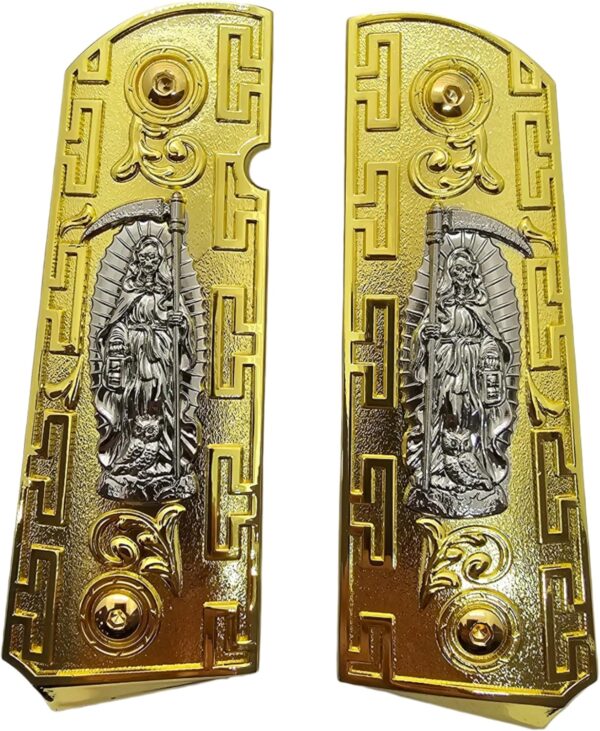 1911 Full-Size Metal Grips with Ambi Safety Cut - Santa Muerte Gold and Silver Design, Intricate Patterns, Fits 1911 Government/Commander Models