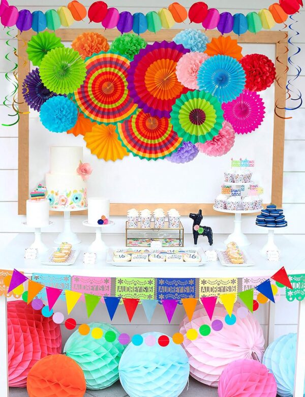 35PCS Fiesta Paper Fan Party Decorations Set - Cinco De Mayo Pom Poms,Pennant,Garland String,Banner,Hanging Swirls Decor Supplies（Multicolored) - Image 8