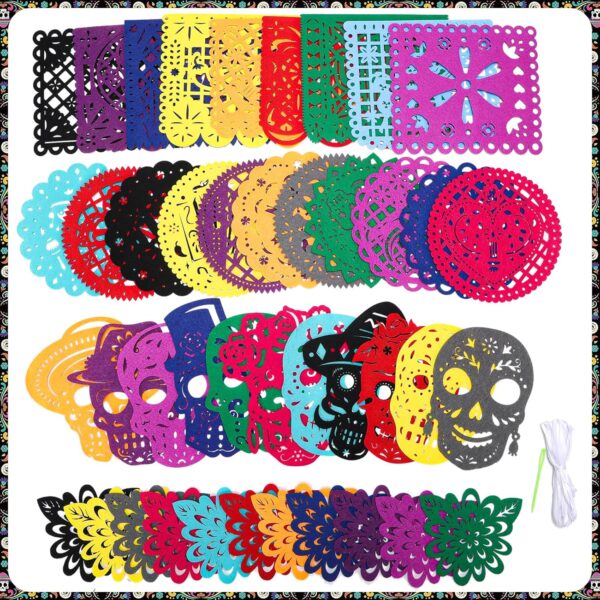 HOWAF 42pcs Day of The Dead Papel Picado Banner, Felt Dia De Los Muertos Sugar Skull Marigold Hanging Garland for Mexican Dia de Los Muertos Altar Decor, Colorful Cinco De Mayo Flag Banner - Image 4