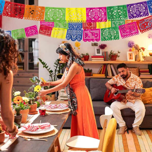 144FT Cinco De Mayo Party Decorations, 8 Pack Fiesta Banner with 9 Plastic Papel Picado, Colorful Mexican Theme Party Flag Banner Dia De Los Muertos Day of the Dead Hanging Decor Home Party Supplies - Image 4