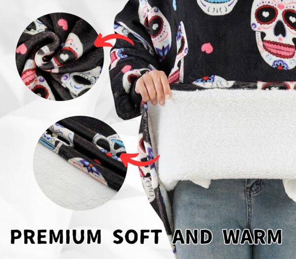 Sugar Skull Gifts for Women, Day of the Dead Gifts, Wearable Blanket Hoodies for Adults, Oversized Flannel Hooded Blanket, Gifts for Birthday, Christmas, and so on, One Size Fits All - Image 4