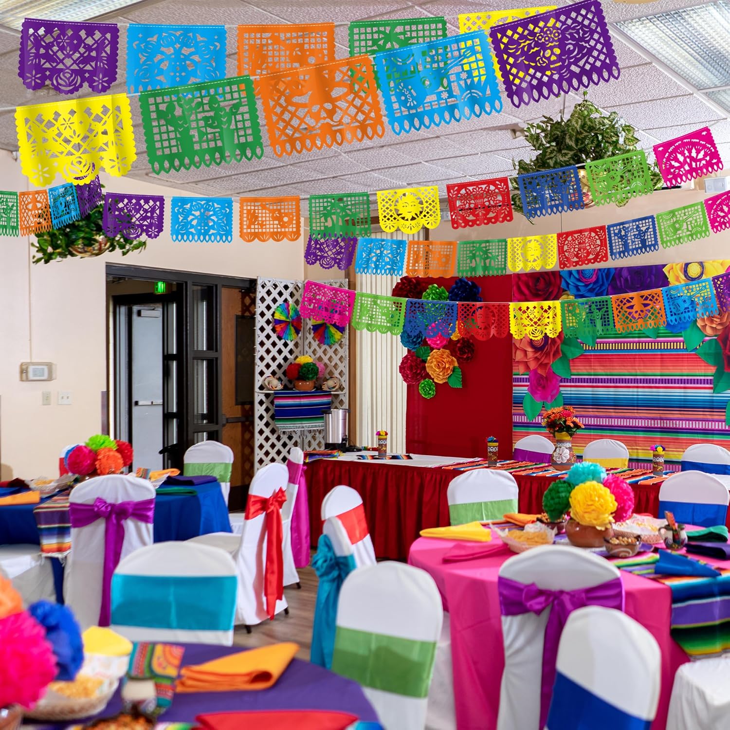 36 FT Cinco De Mayo Decorations, 2 Pack Mexican Party Banner, Plastic Fiesta Banner Colorful Papel Picado Hanging Banner String Flags Mexican Theme Party Dia De Los Muertos Day of the Dead Decor - Image 7