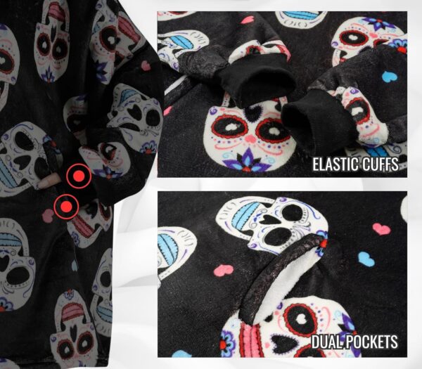 Sugar Skull Gifts for Women, Day of the Dead Gifts, Wearable Blanket Hoodies for Adults, Oversized Flannel Hooded Blanket, Gifts for Birthday, Christmas, and so on, One Size Fits All - Image 3