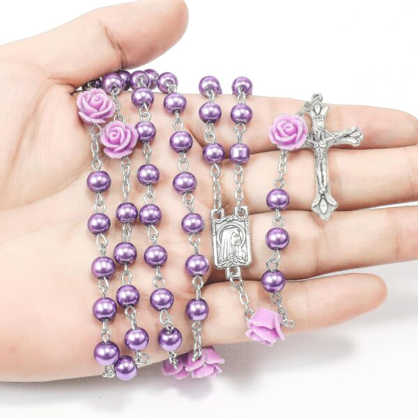 Nazareth Store Catholic Purple Pearl Beads Rosary Necklace Our Rose Lourdes Medal & Cross NS - Image 5