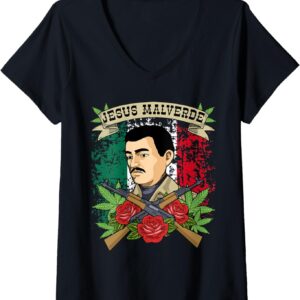 Womens Jesus Malverde Gift Women & Men Mexico Gifts Jesus Malverde V-Neck T-Shirt