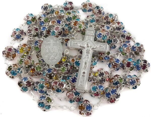 Nazareth Store Colorful Zirconia Crystal Beads Rosary Silver Catholic Necklace with Miraculous Medal Cross Crucifix Multicolor Rosaries in Velvet Bag - Image 3