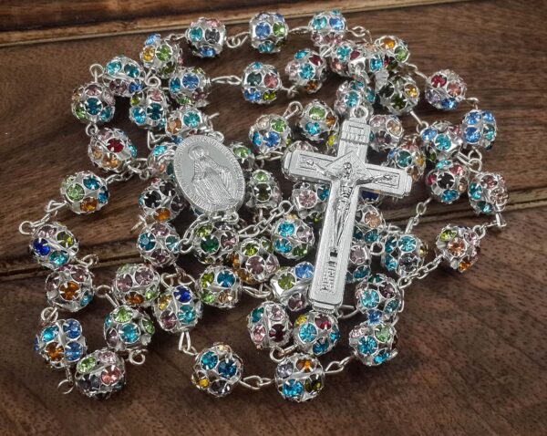 Nazareth Store Colorful Zirconia Crystal Beads Rosary Silver Catholic Necklace with Miraculous Medal Cross Crucifix Multicolor Rosaries in Velvet Bag - Image 6