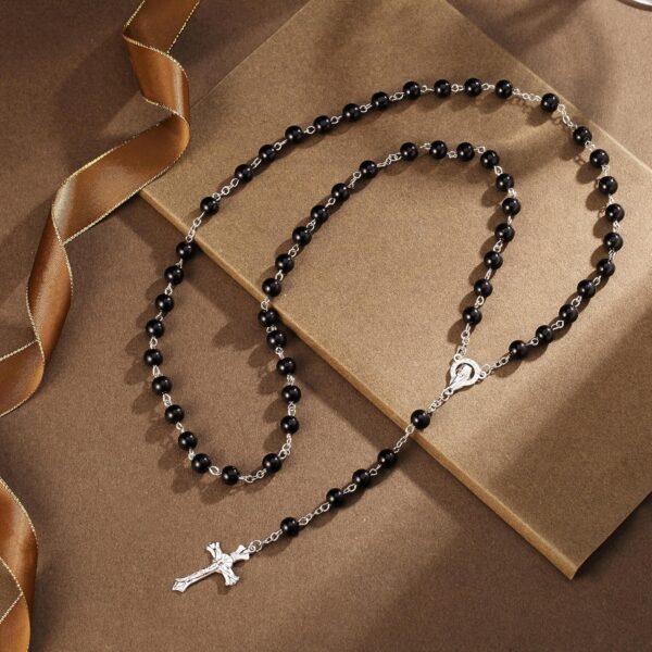 Rosary Black Beads Necklace Catholic Rosary Beads With Metal Crucifix - Image 3