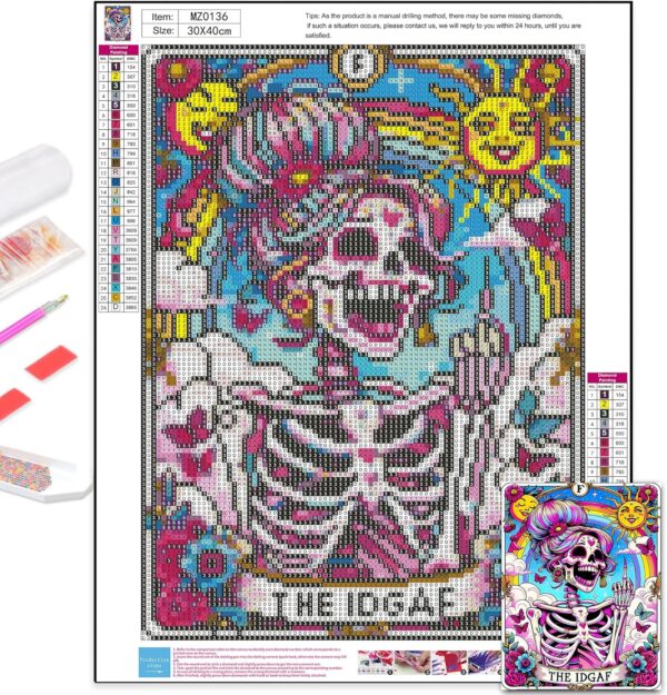 Skull Diamond Art Kits for Adults, Skeleton Diamond Painting Kits for Adults, The IDGAF 5D DIY Paint by Diamond Round Full Drill Home Wall Decor Gift 12x16In - Image 4