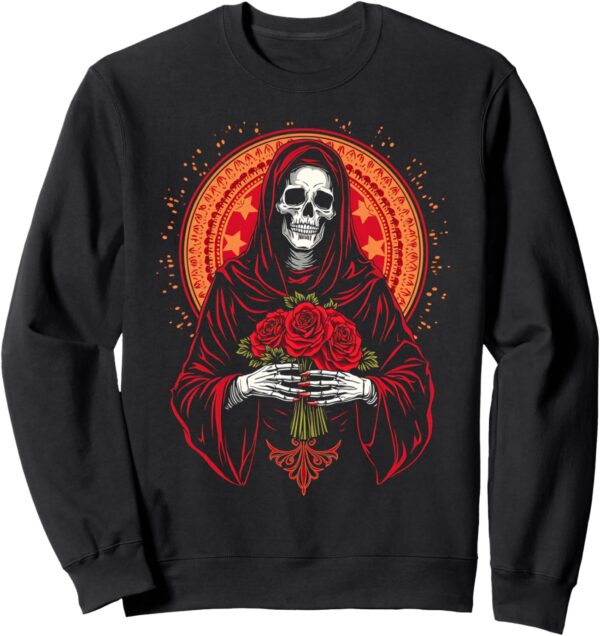 Santa Muerte Roses Sugar Skull Mexican Folklore Tattoo Art Sweatshirt