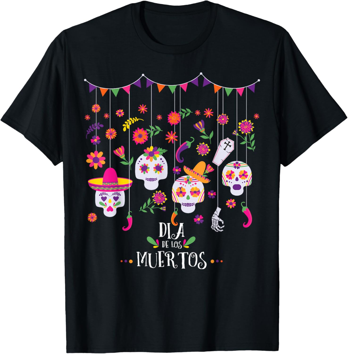 Vibrant Sugar Calavera Skulls Day of Dead Dia De Los Muertos T-Shirt