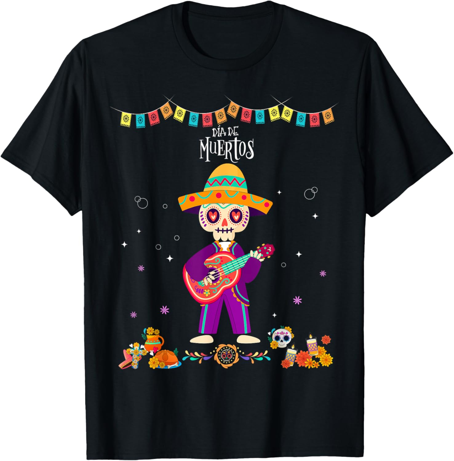 Dia De Los Muertos Skeleton Dancing with Guitar Hat Kids Boy T-Shirt